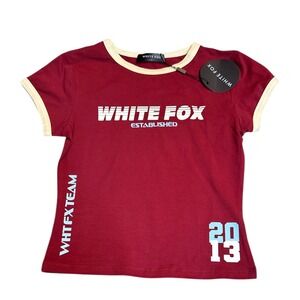 White Fox Team Established 2013 Ringer Tee Maroon Cream Graphic Baby Tee S NWT